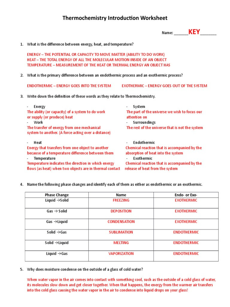 Phase Change Worksheet Answers thermochemistry Introduction Worksheet Phase Change Name