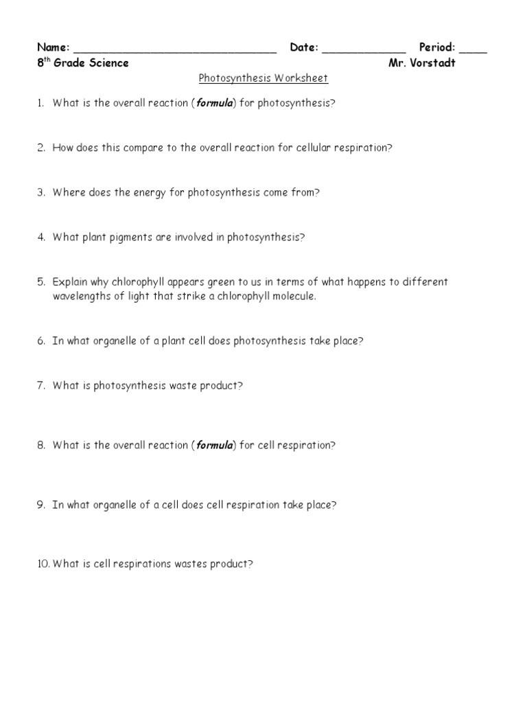 Photosynthesis and Respiration Worksheet Synthesis Worksheet Synthesis