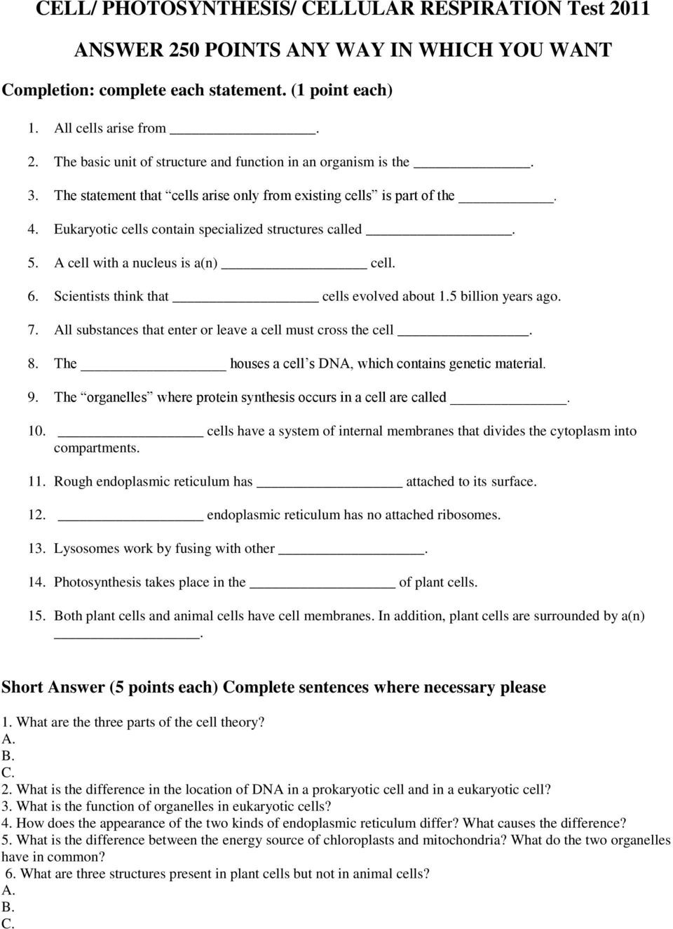 Photosynthesis Worksheet Answer Key Cell Photosynthesis Cellular Respiration Test 2011 Answer