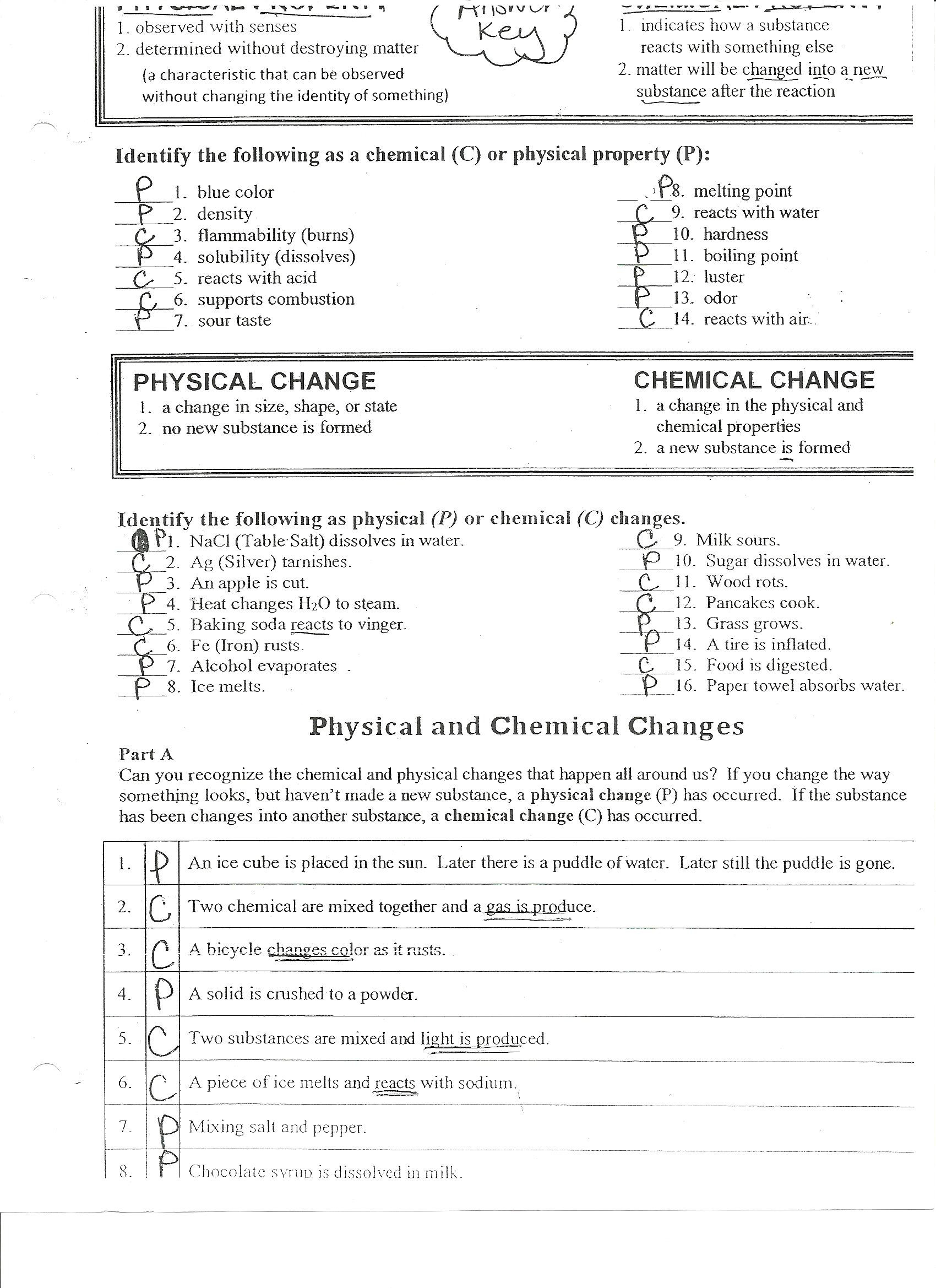 Physical And Chemical Change Worksheet Worksheet For Education