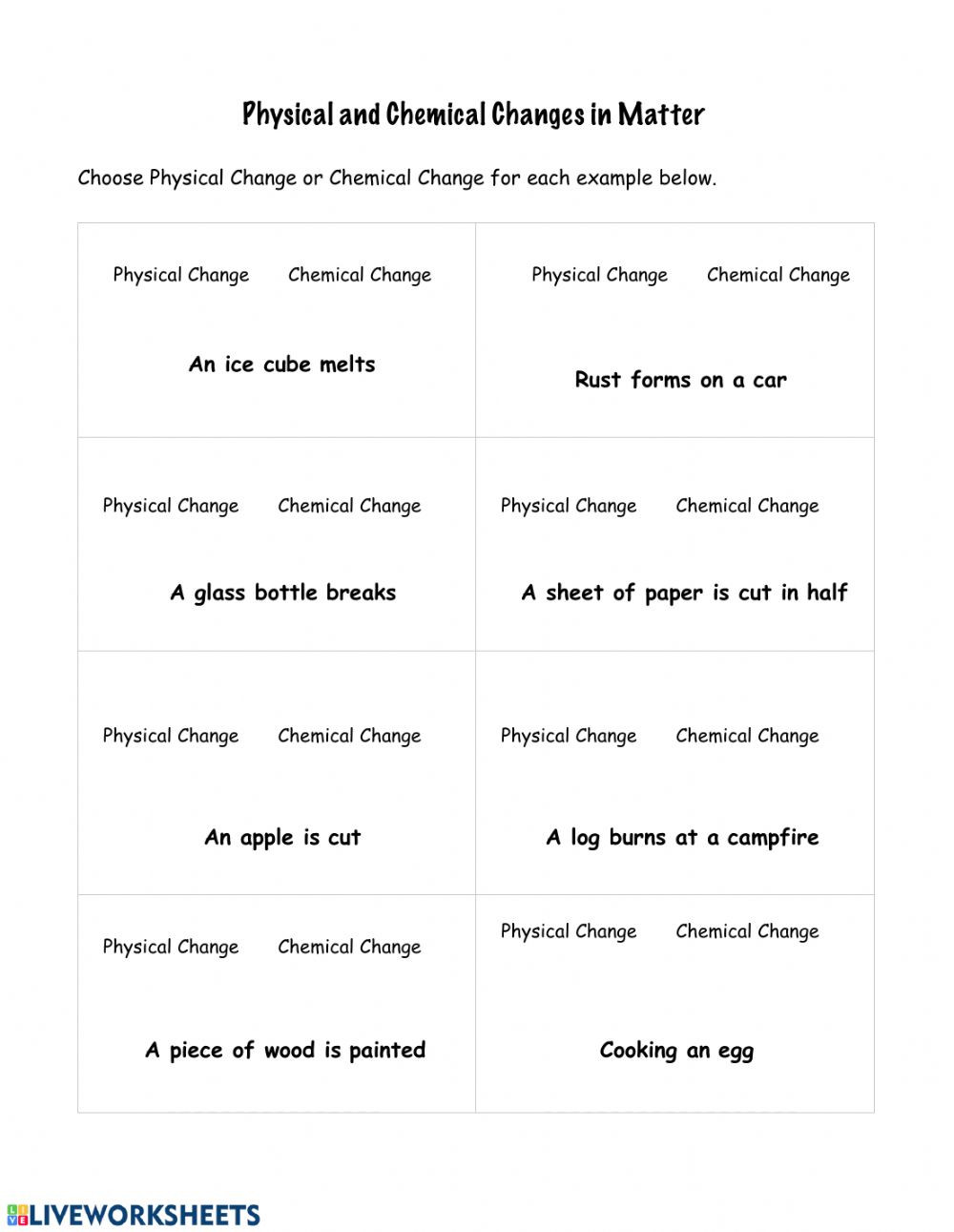 Physical and Chemical Change Worksheet Physical and Chemical Changes Interactive Worksheet