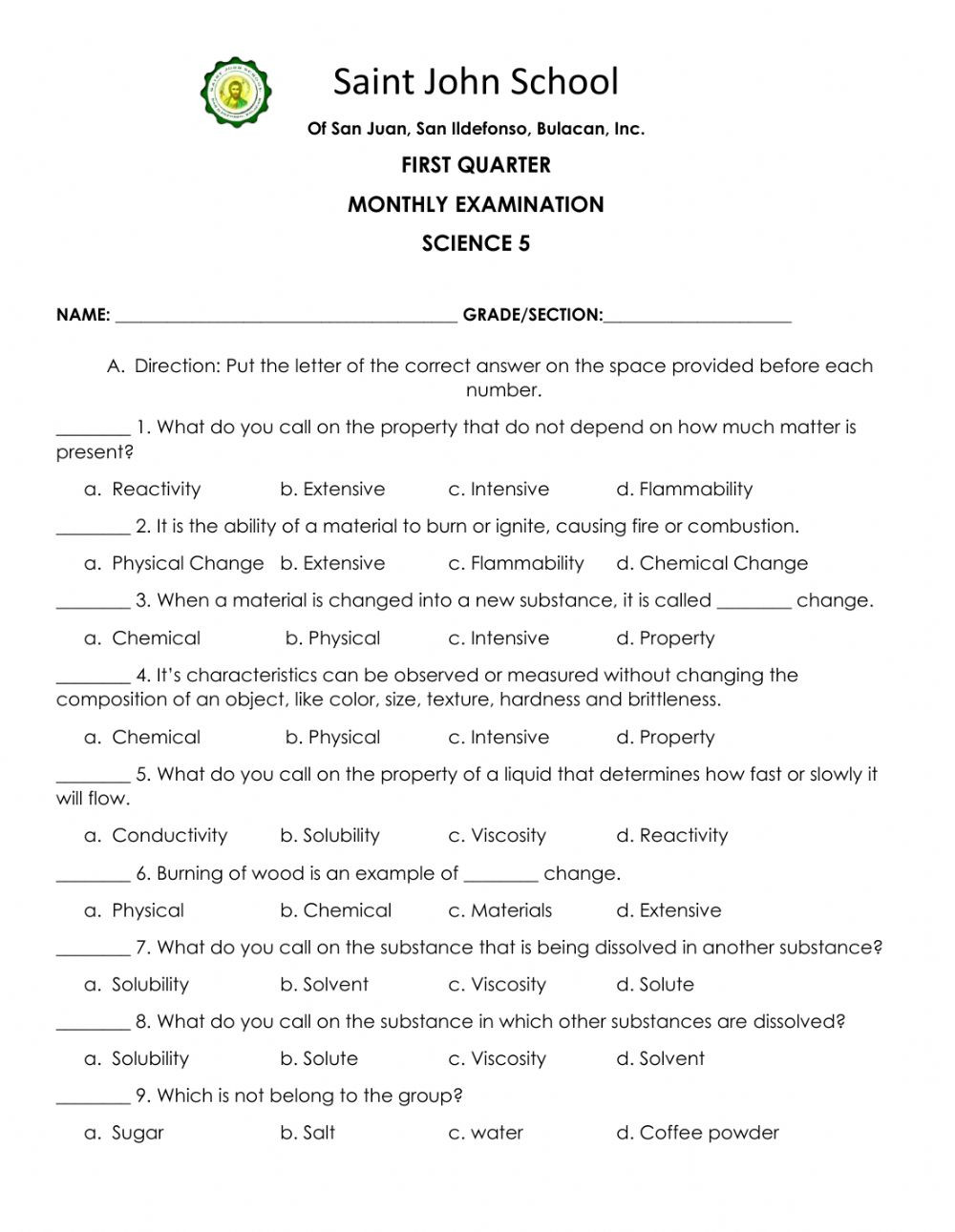 Physical and Chemical Properties Worksheet Physical and Chemical Change Interactive Worksheet