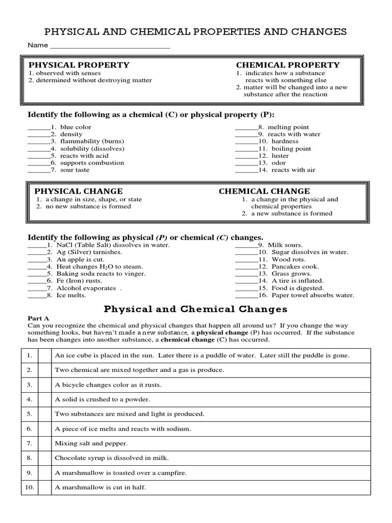 Physical and Chemical Properties Worksheet Physical Chemical Worksheet for Reference 2