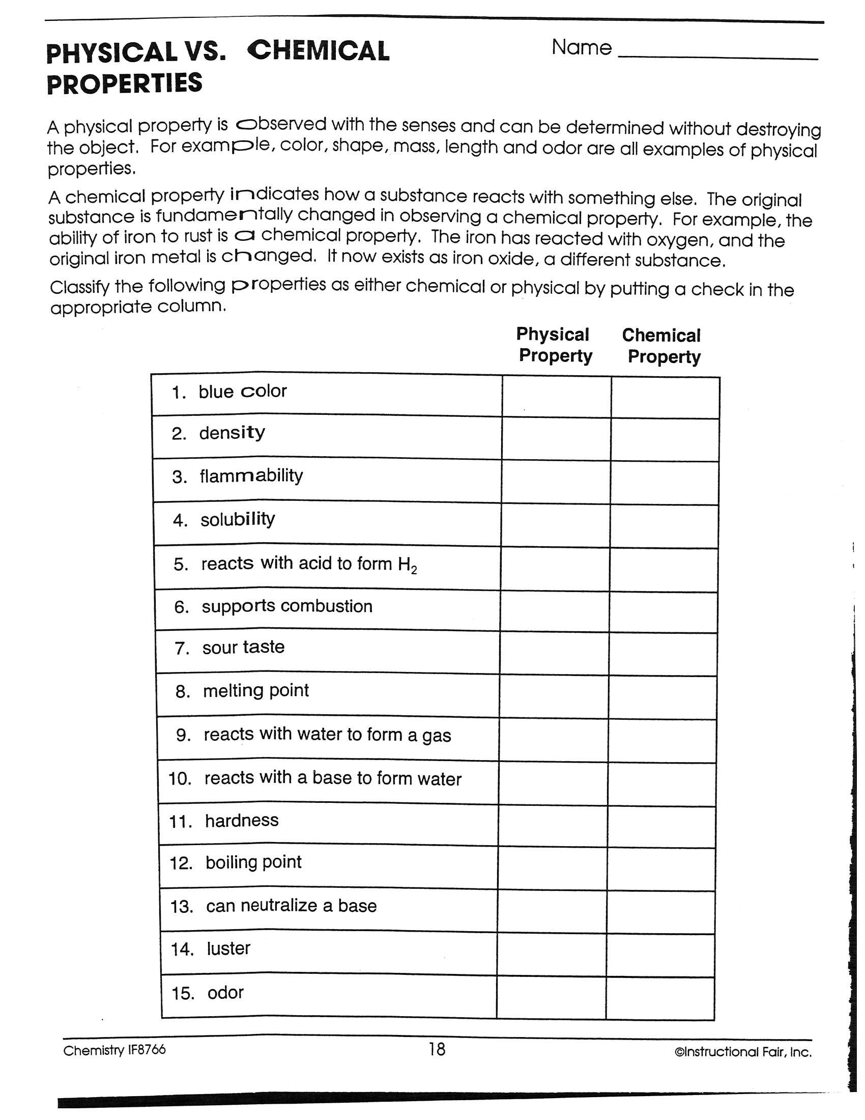 Physical and Chemical Properties Worksheet Related Image