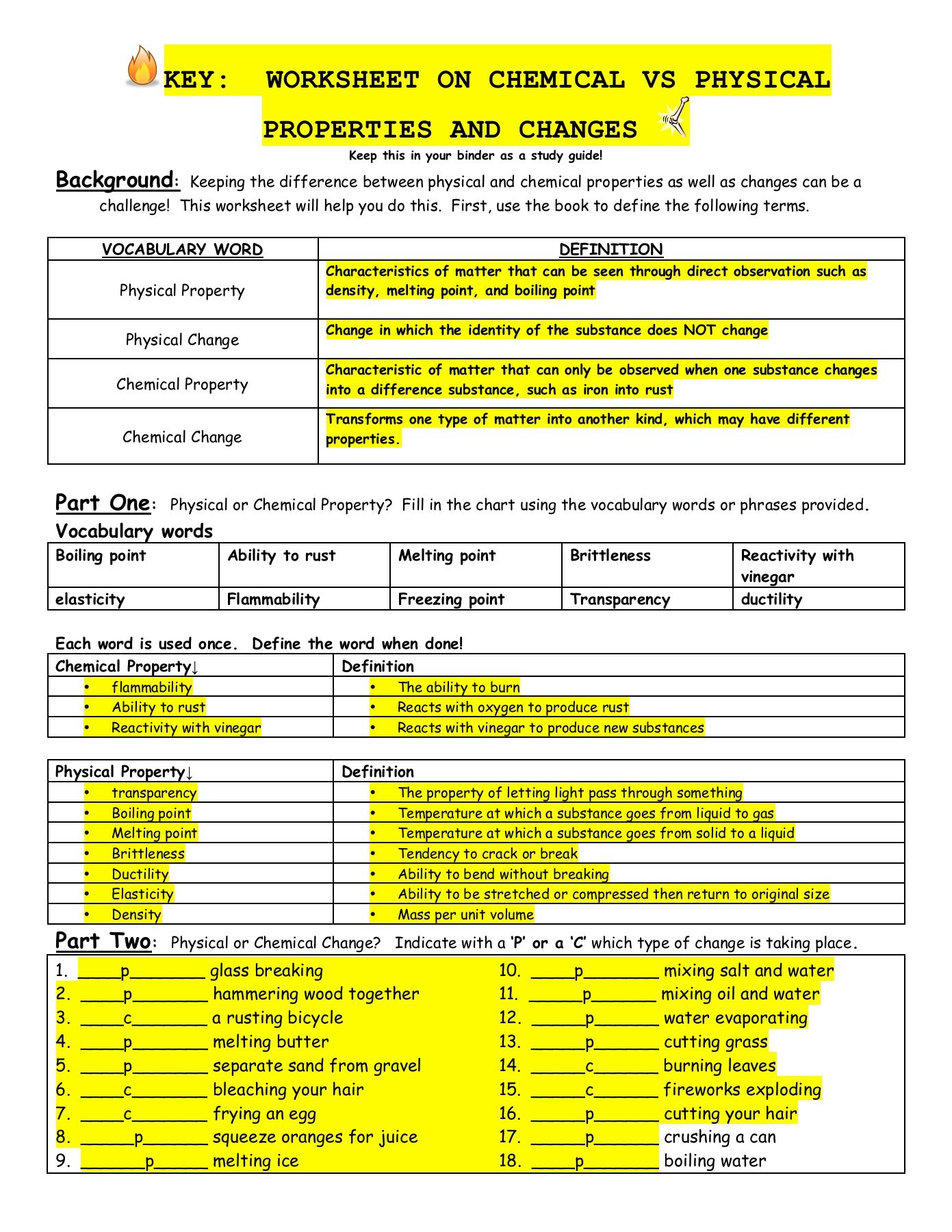Physical and Chemical Properties Worksheet Worksheet On Chemical Vs Physical Properties and Changes
