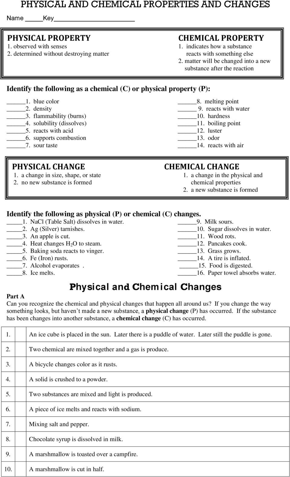 Physical Vs Chemical Changes Worksheet Physical and Chemical Properties and Changes Pdf Free Download