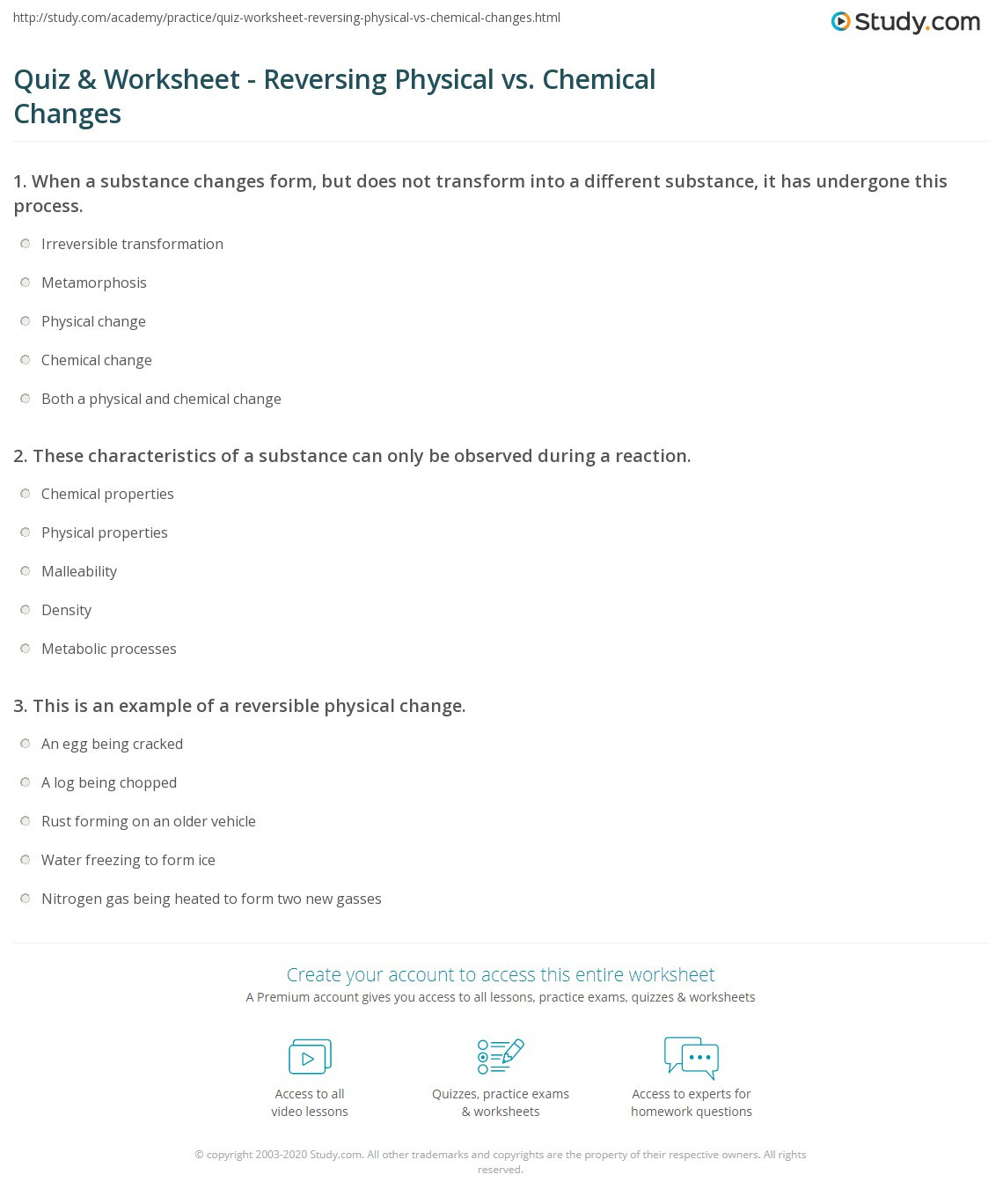 Physical Vs Chemical Changes Worksheet Quiz &amp; Worksheet Reversing Physical Vs Chemical Changes