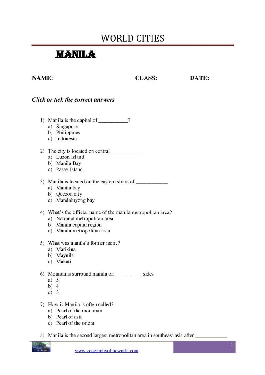 Planet Earth Freshwater Worksheet Manila City Question and Answer Worksheet Pdf Page Image