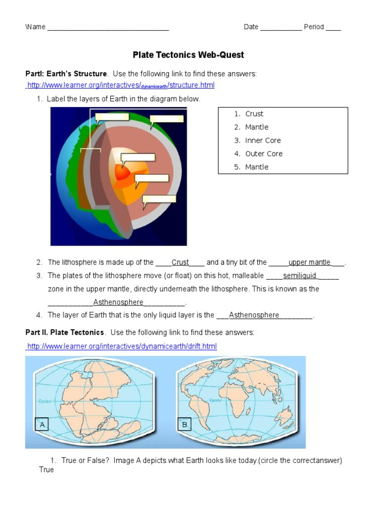 Plate Boundary Worksheet Answers Plate Tectonics Web Quest Student Plate Tectonics