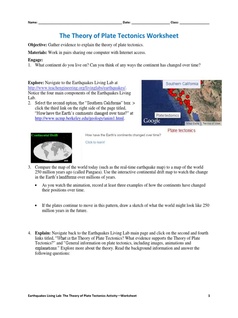 Plate Tectonics Worksheet Answers the theory Of Plate Tectonics Worksheet