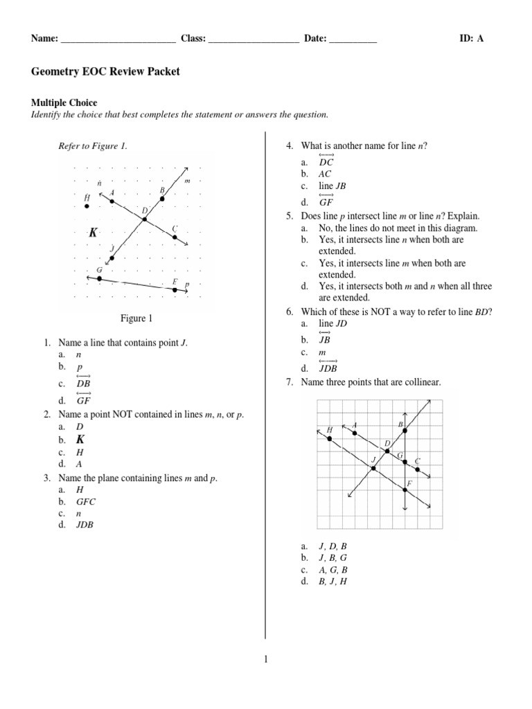 Points Lines and Planes Worksheet Geometry Eoc Review Packet area