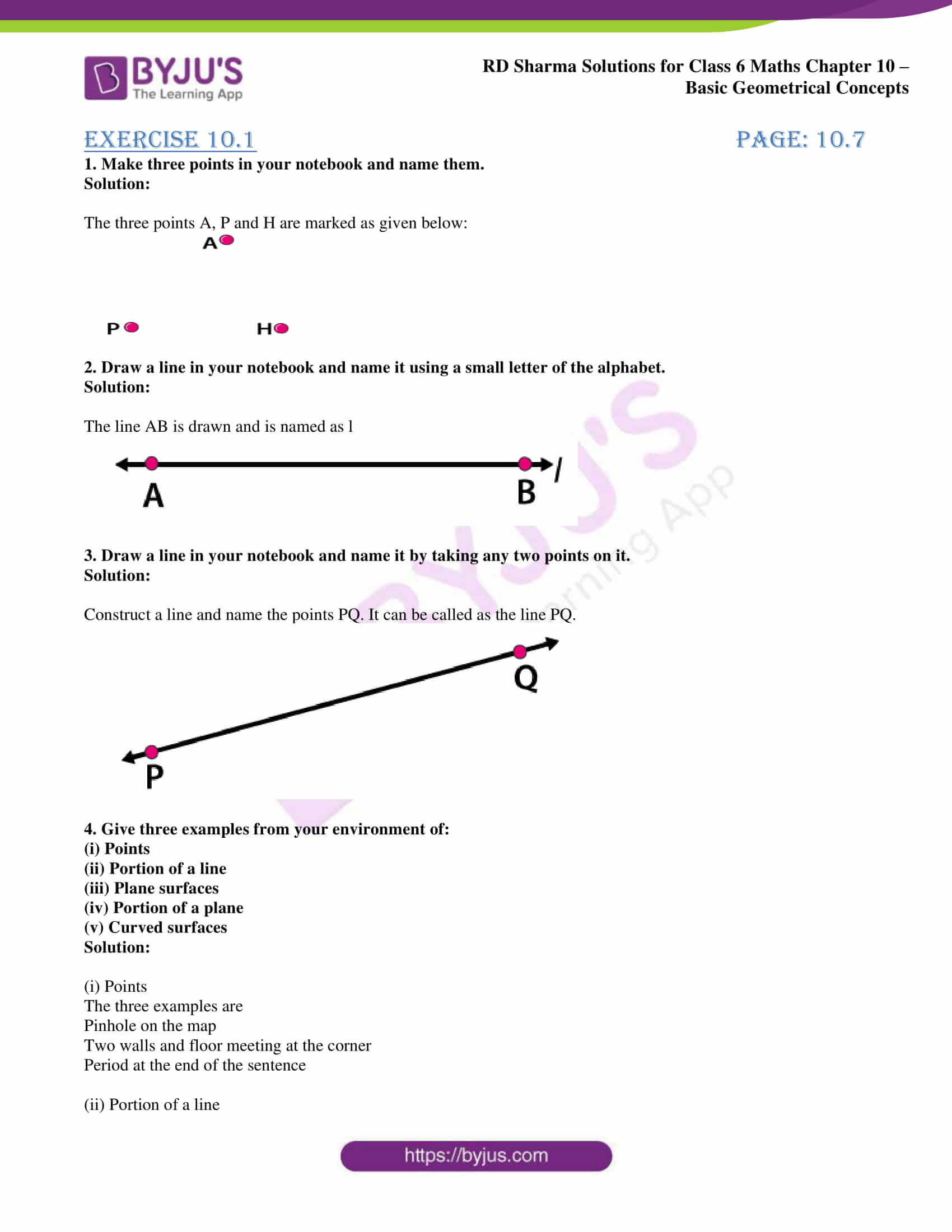 Points Lines and Planes Worksheet Rd Sharma solutions for Class 6 Chapter 10 Basic Geometrical
