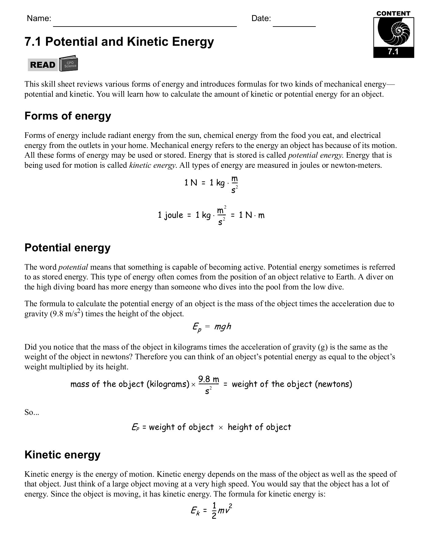 Potential and Kinetic Energy Worksheet 7 1 Potential and Kinetic Energy Cpo Science Pages 1 29