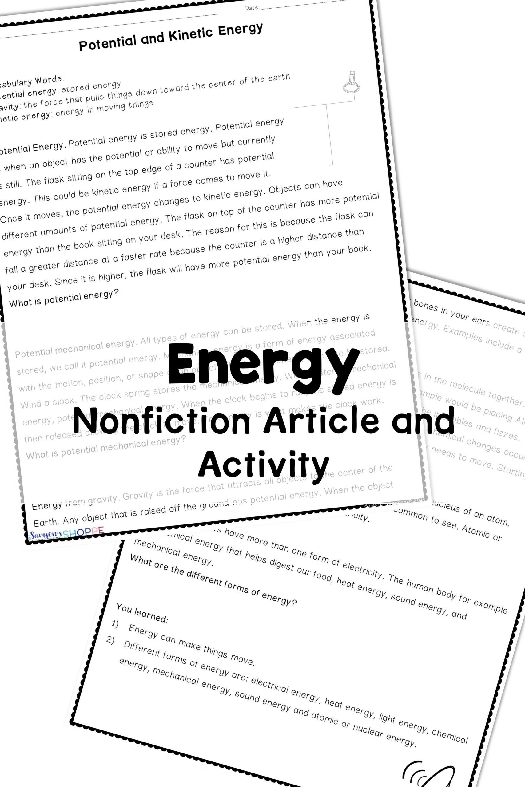 Potential and Kinetic Energy Worksheet Energy