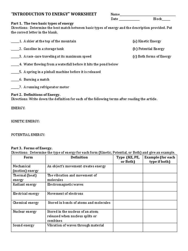 Potential and Kinetic Energy Worksheet Intro to Energy Worksheet Kinetic Energy