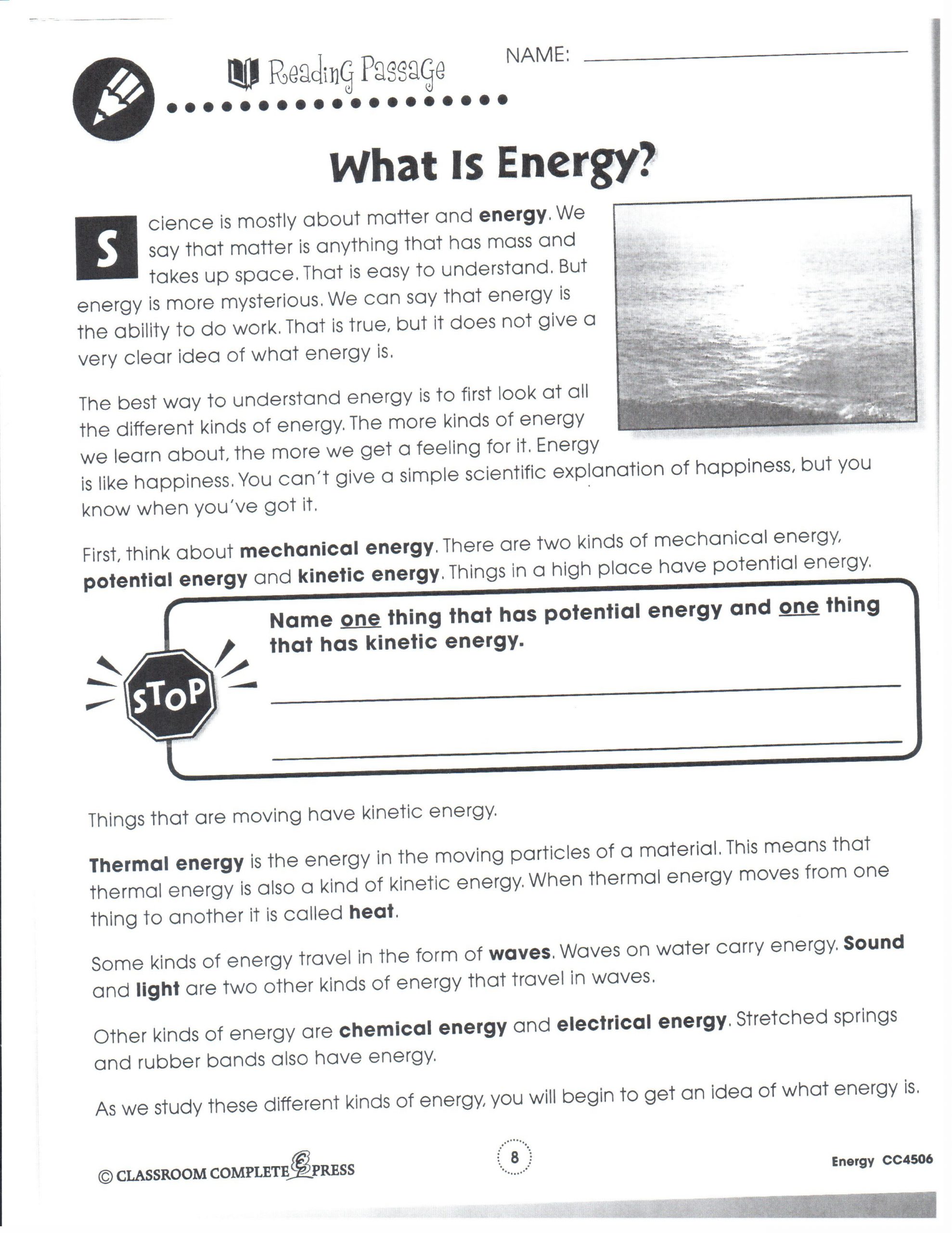 Potential and Kinetic Energy Worksheet Kinetic Energy Worksheets Middle School