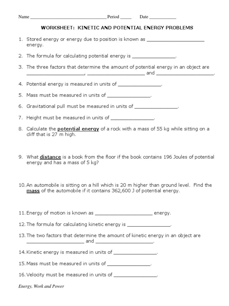 Potential and Kinetic Energy Worksheet Work and Energy Worksheets Potential Energy