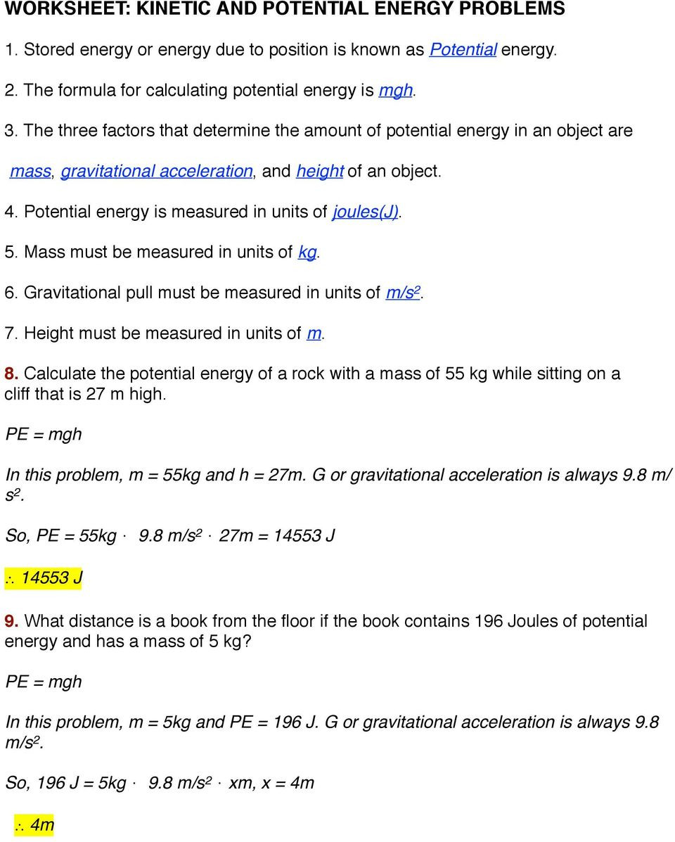 Potential and Kinetic Energy Worksheet Worksheet Kinetic and Potential Energy Problems Pdf Free