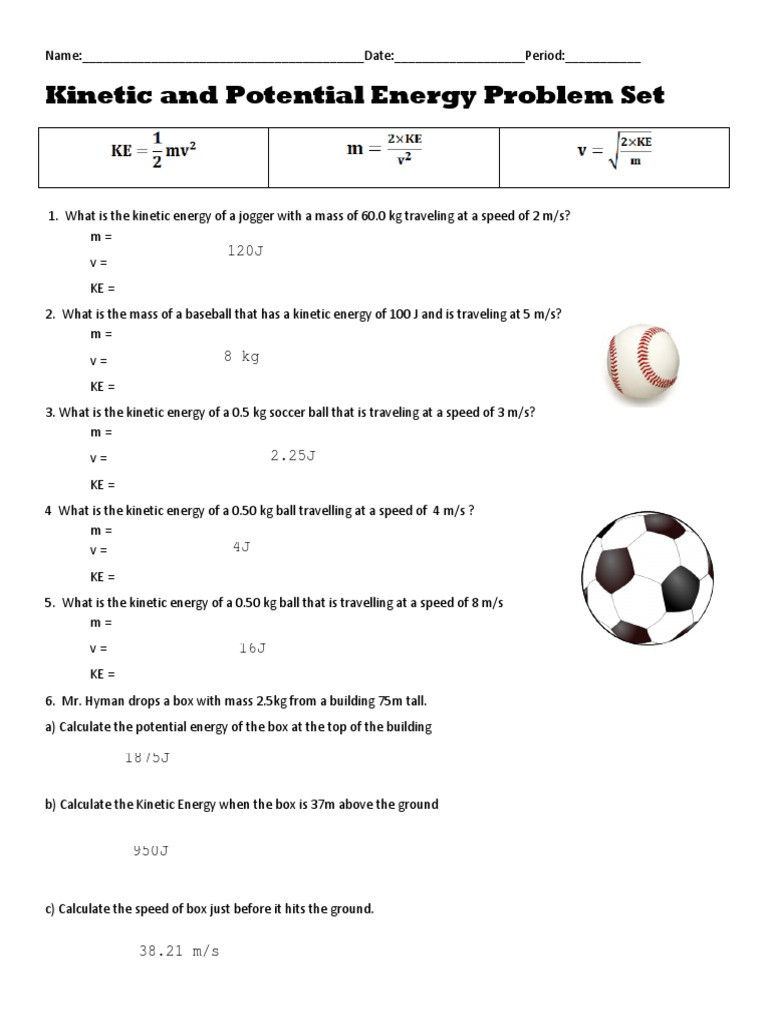 Potential and Kinetic Energy Worksheet Worksheet Kinetic Potential Energy 2 Answers
