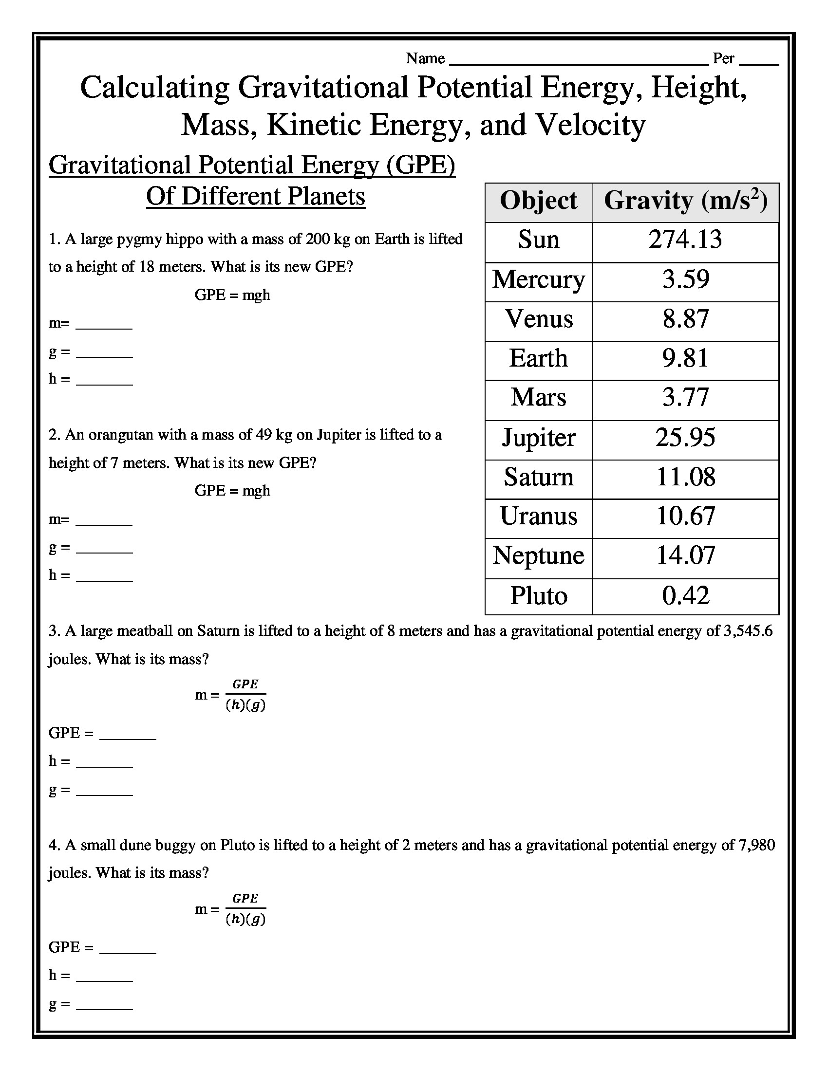 Potential Vs Kinetic Energy Worksheet Calculating Gravitational Potential Energy Height Mass Kinetic Energy and Velocity Worksheet