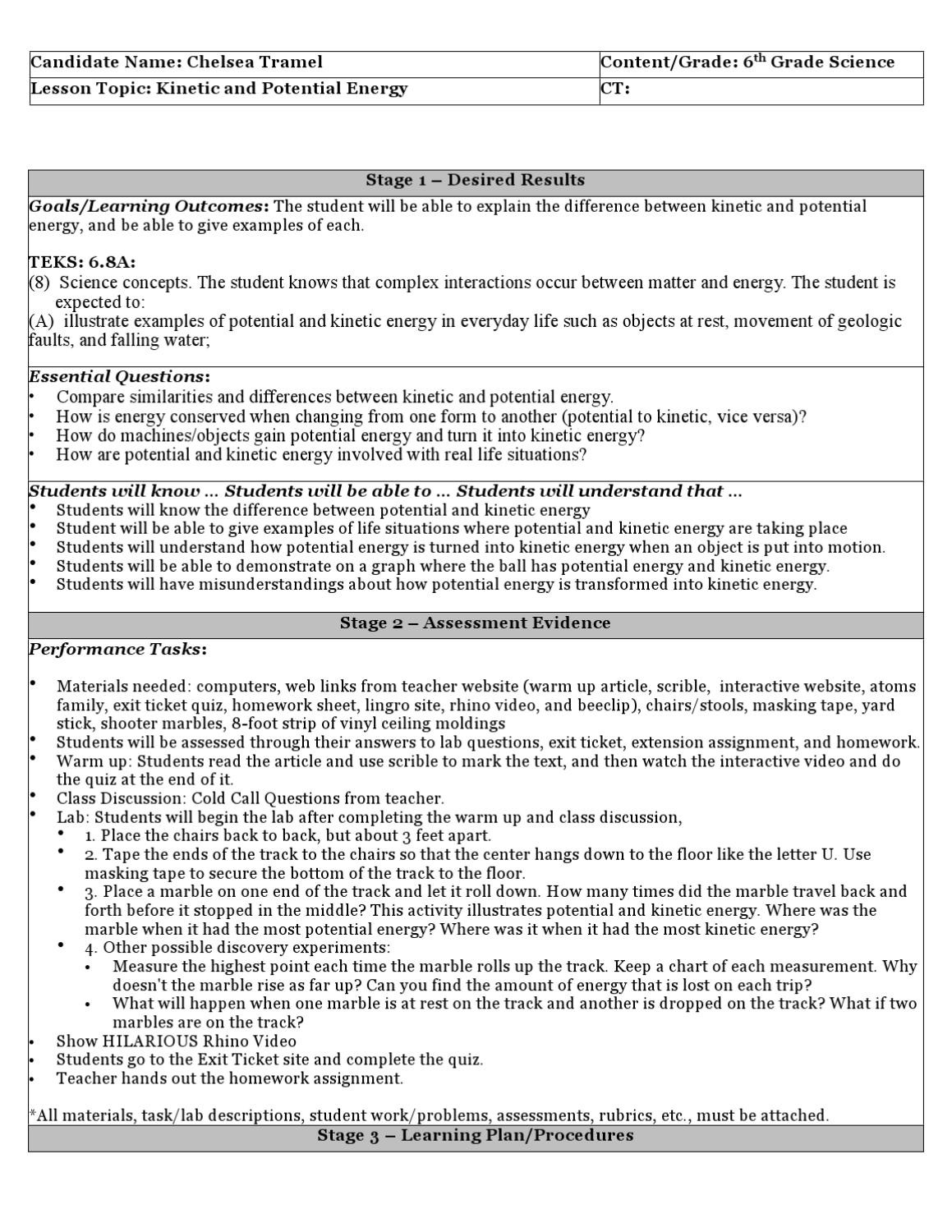 Potential Vs Kinetic Energy Worksheet Kinetic and Potential Energy Lesson Plan by Chelsea Tramel