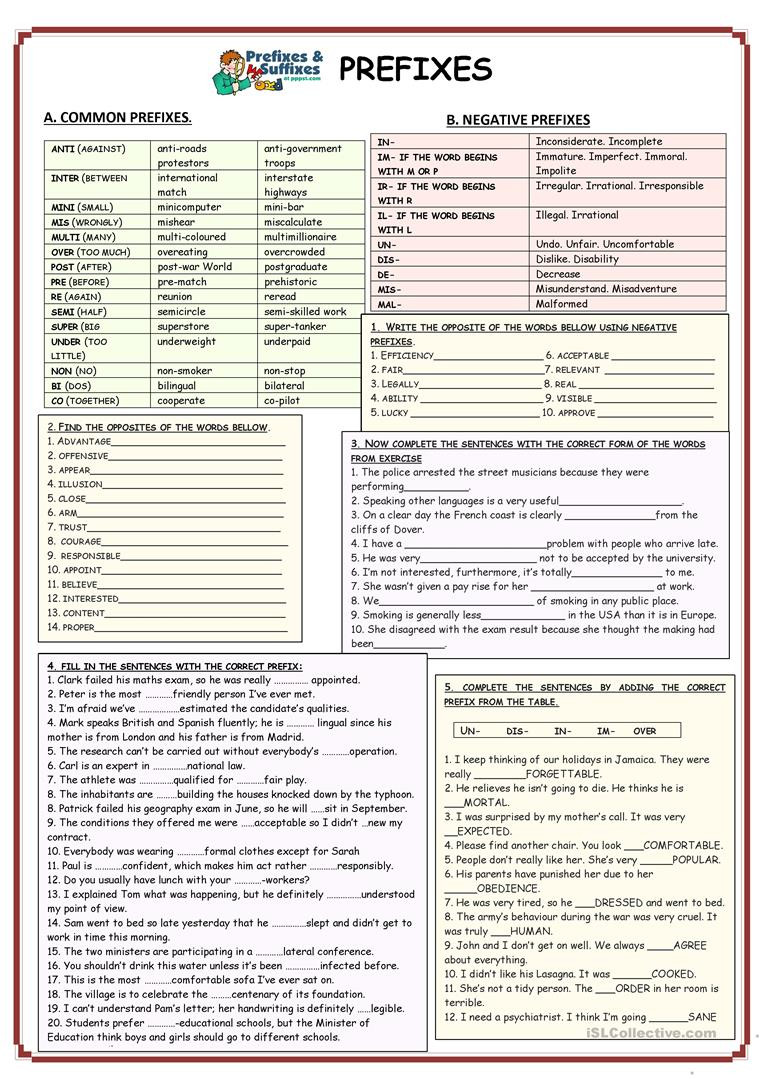 Prefixes and Suffixes Worksheet Prefixes Suffixes English Esl Worksheets for Distance
