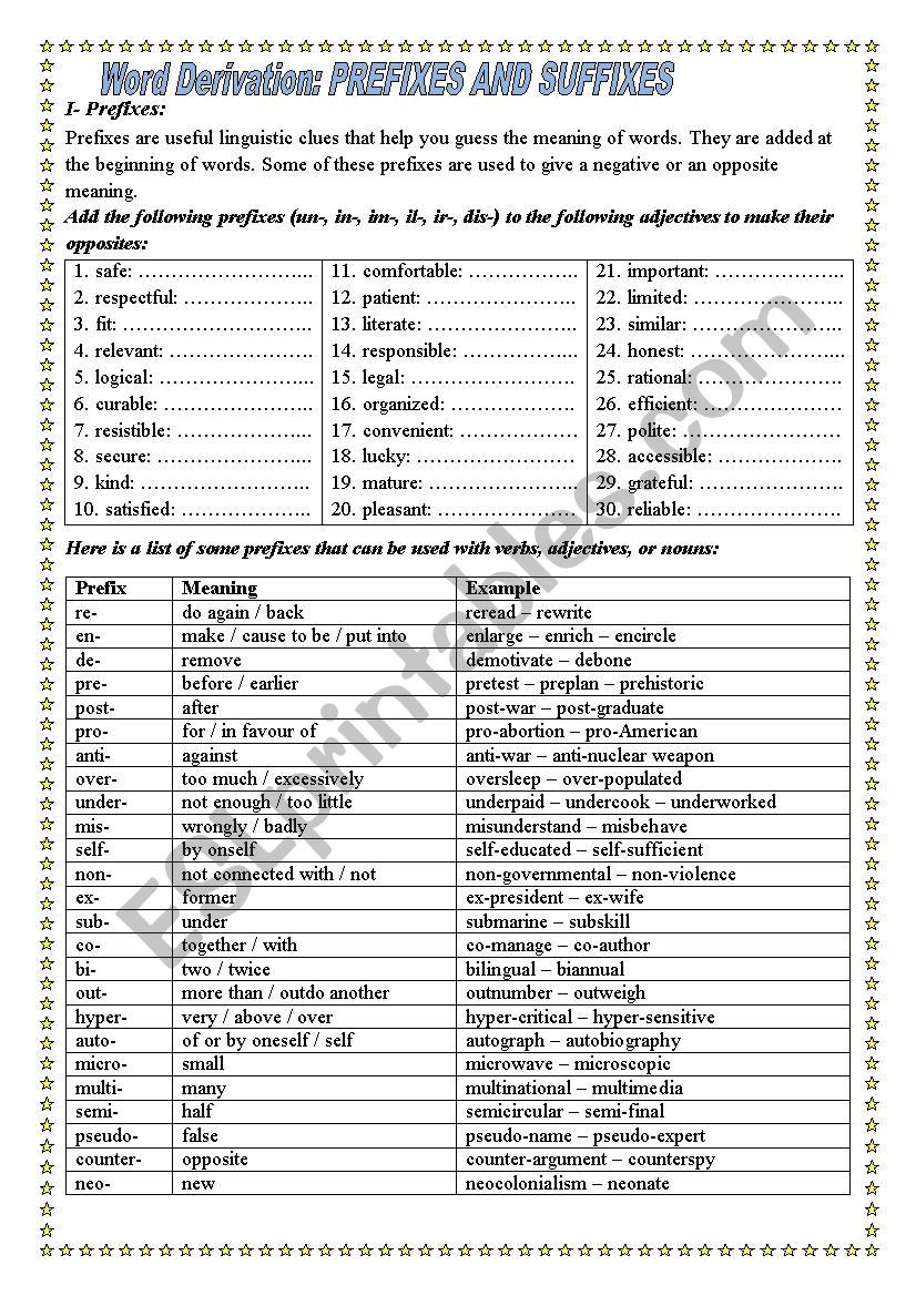 Prefixes and Suffixes Worksheet Word Derivation Prefixes and Suffixes Esl Worksheet by Red1