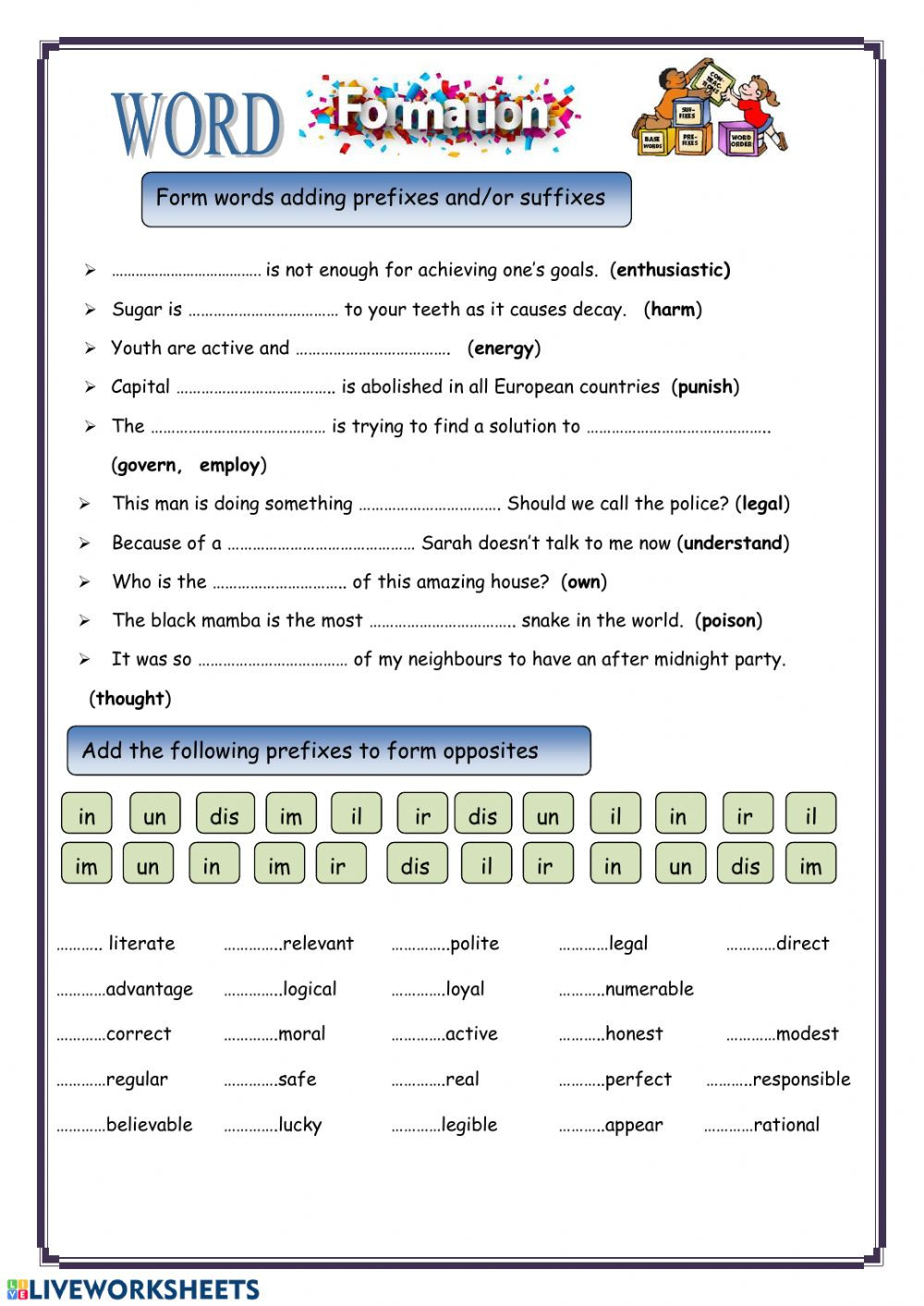 Prefixes and Suffixes Worksheet Word formation Prefixes Suffixes Interactive Worksheet