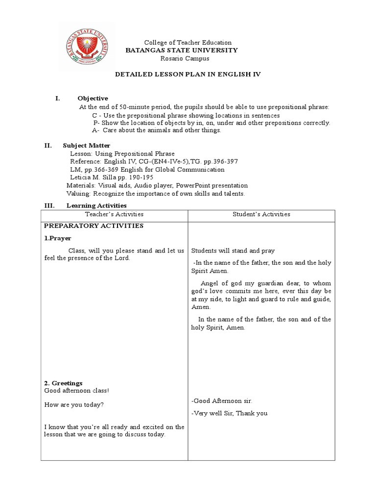 Prepositional Phrase Worksheet with Answers Detailed Lesson Plan In English Iv