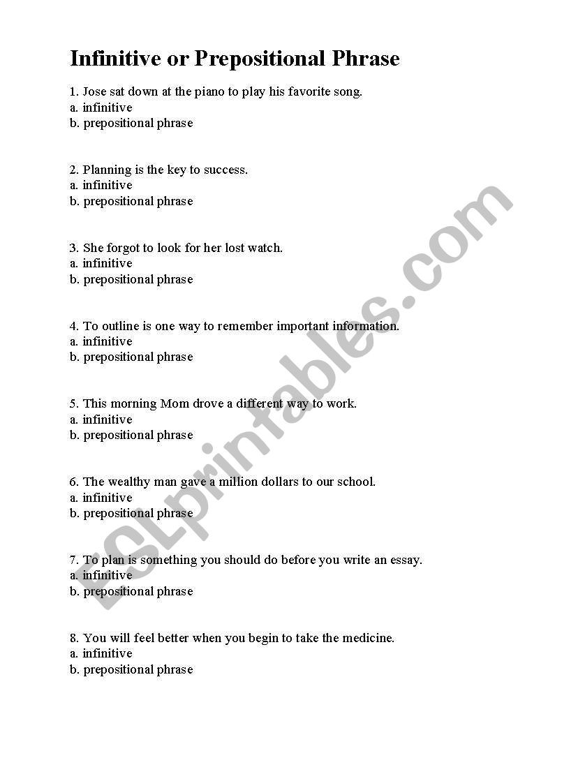 Prepositional Phrase Worksheet with Answers English Worksheets Infinitive or Prepositional Phrase