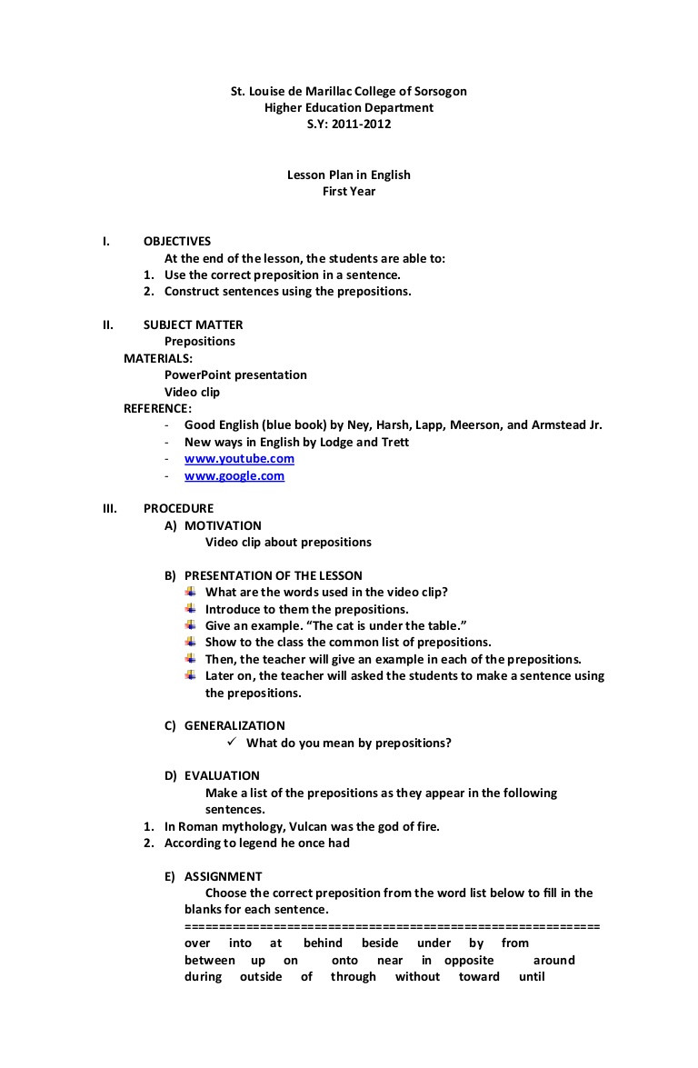 Prepositional Phrase Worksheet with Answers Lesson Plan for Preposition
