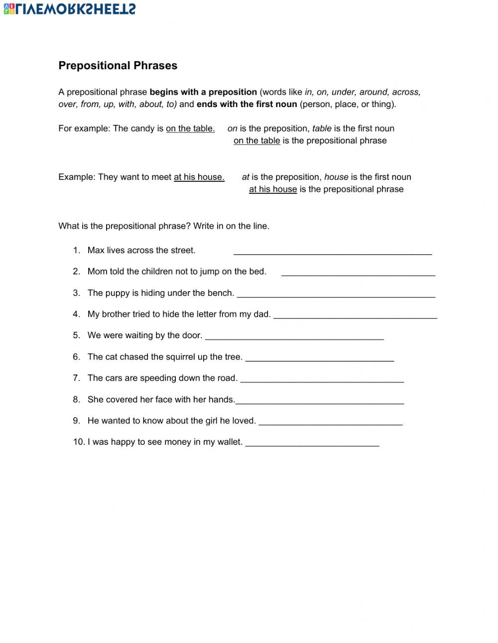 Prepositional Phrase Worksheet with Answers Prepositional Phrase Interactive Worksheet