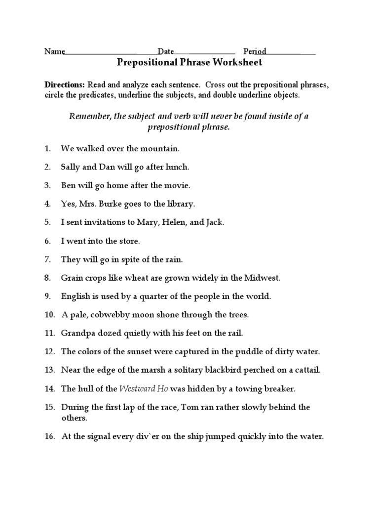 Prepositional Phrase Worksheet with Answers Prepositional Phrase