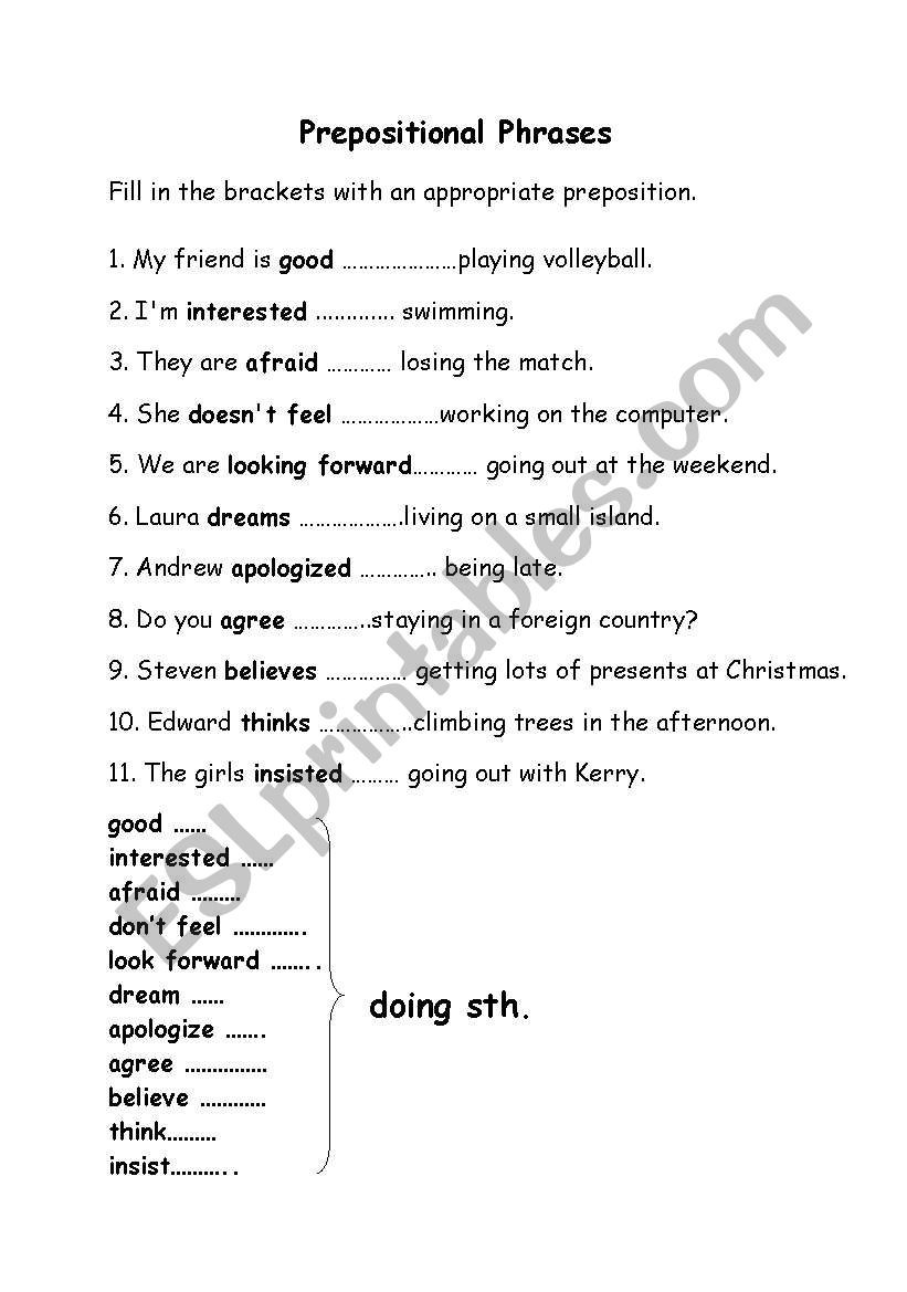 Prepositional Phrase Worksheet with Answers Prepositional Phrases Esl Worksheet by Beciaa19