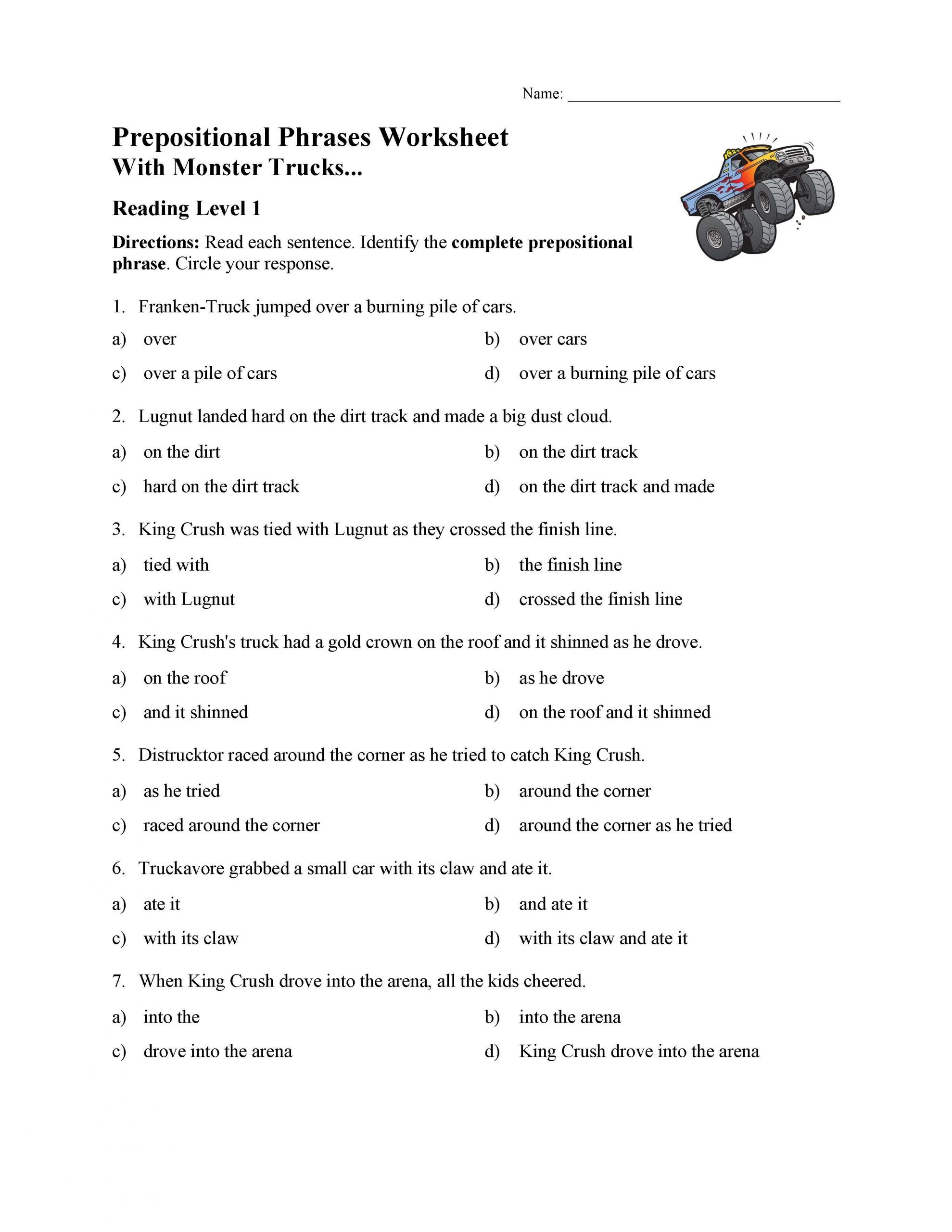 Prepositional Phrase Worksheet with Answers Prepositional Phrases Worksheet 1 Reading Level 1