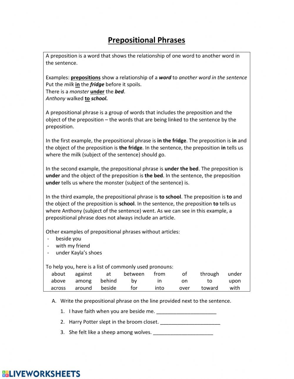 Prepositional Phrase Worksheet with Answers Prepositional Phrases Worksheet