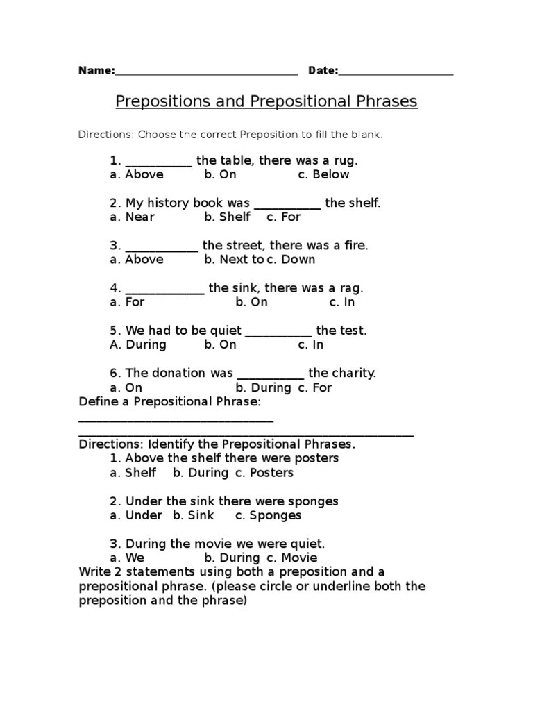 Prepositional Phrase Worksheet with Answers Prepositions and Prepositional Phrases Worksheet
