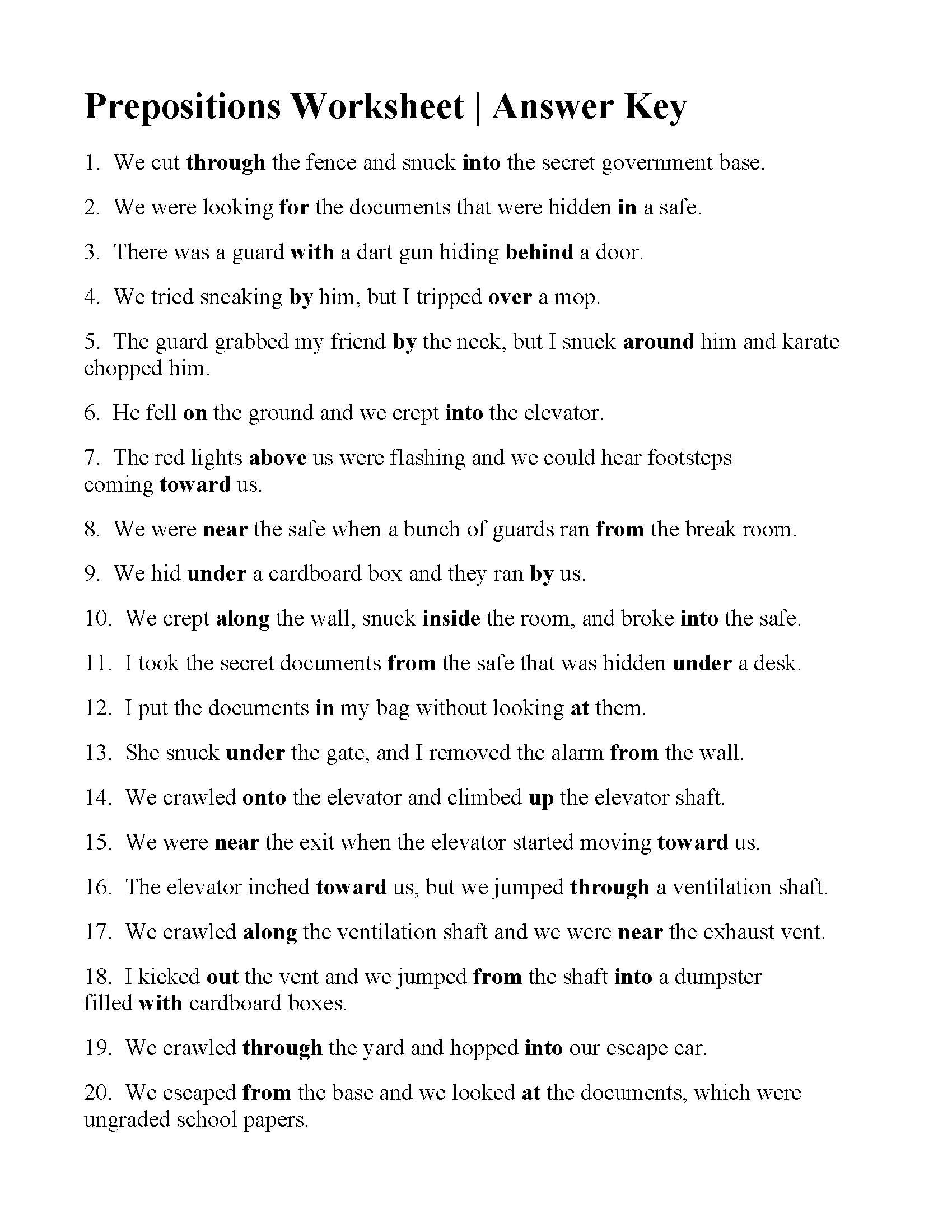 Prepositional Phrase Worksheet with Answers Prepositions Worksheet