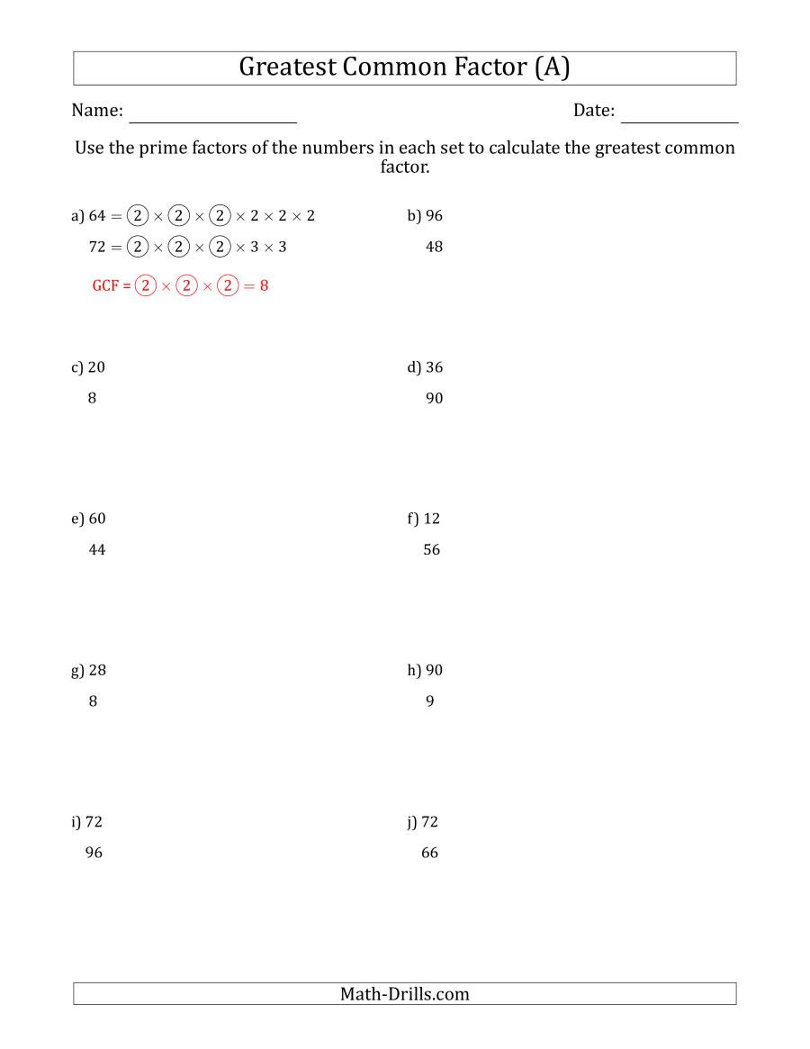 Prime Factorization Worksheet Pdf Calculating Greatest Mon Factors Of Sets Of Two Numbers