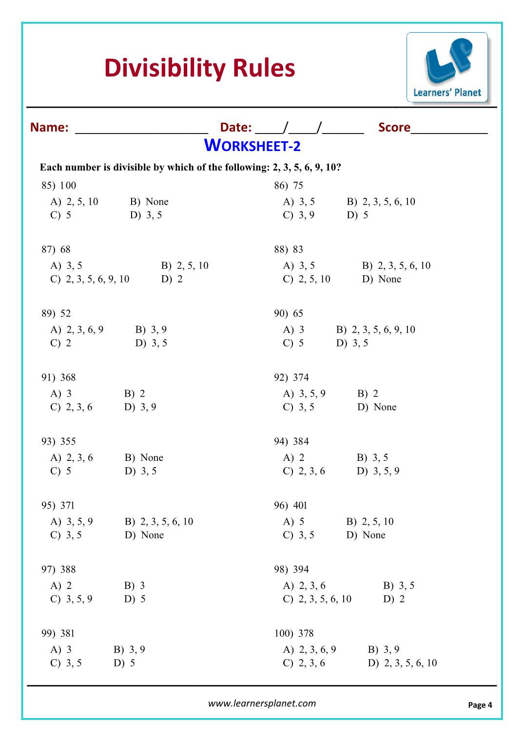 Prime Factorization Worksheet Pdf Grade 5 Math Mon Divisibility Tests Practice Questions