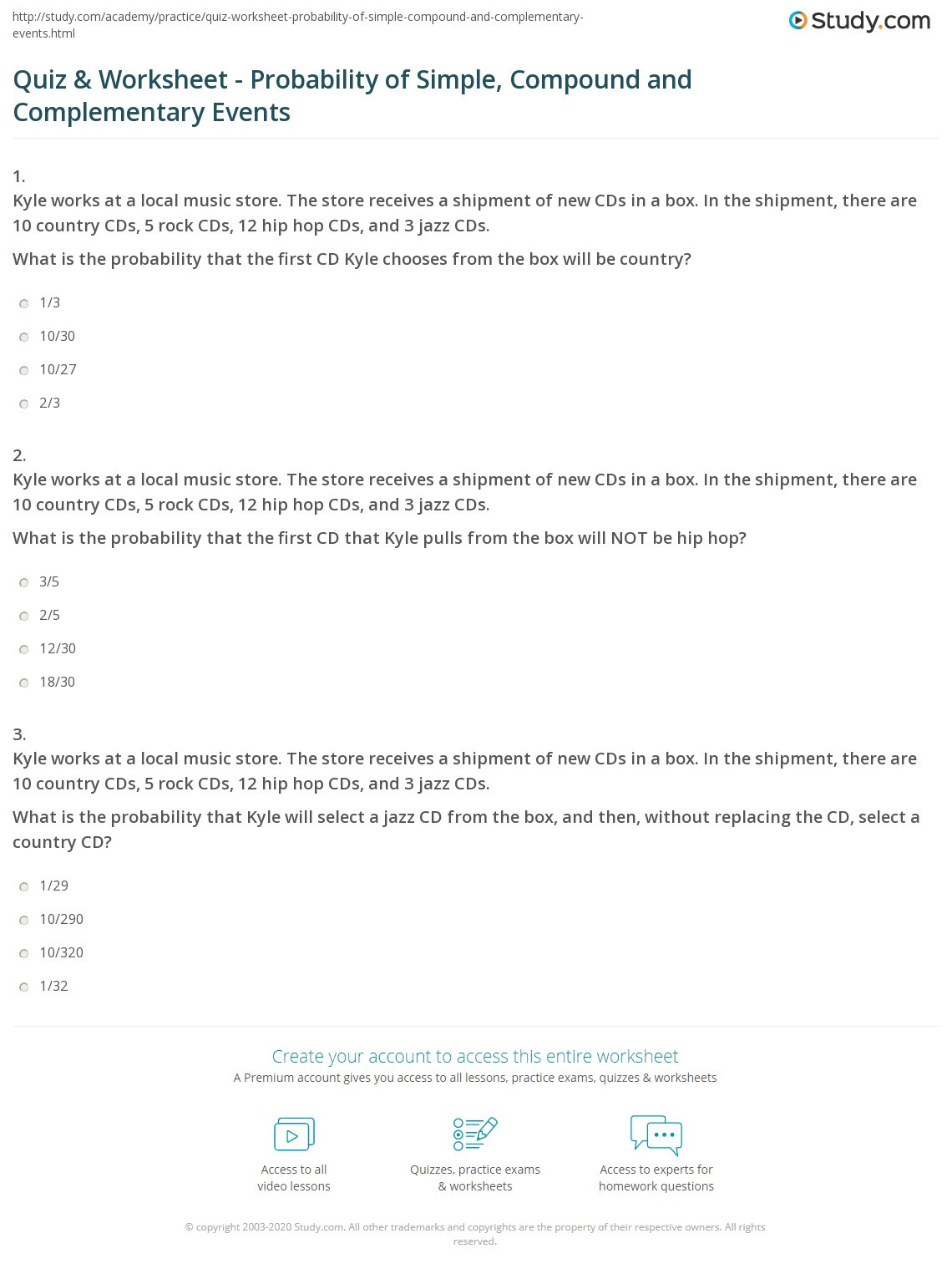 Probability Worksheet High School Quiz &amp; Worksheet Probability Of Simple Pound and