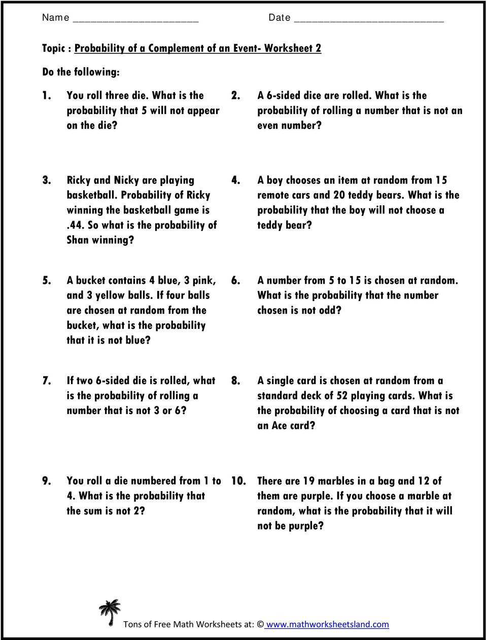 Probability Worksheet High School topic Probability Of A Plement Of An event Worksheet 1