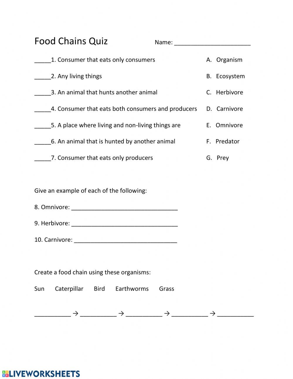 Producers and Consumers Worksheet Food Chains Interactive Worksheet