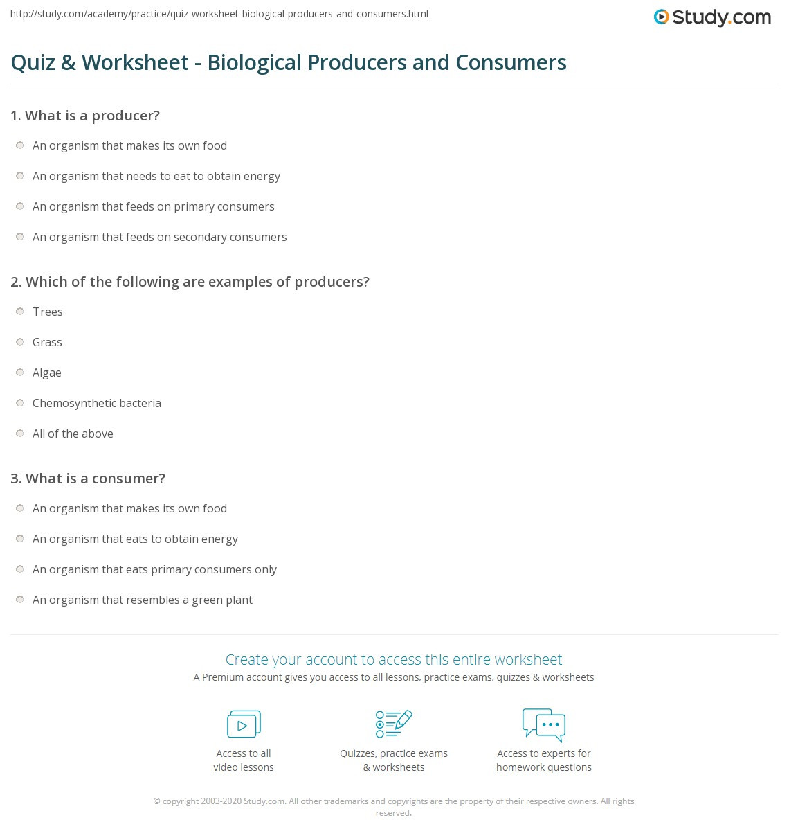 Producers and Consumers Worksheet Quiz &amp; Worksheet Biological Producers and Consumers