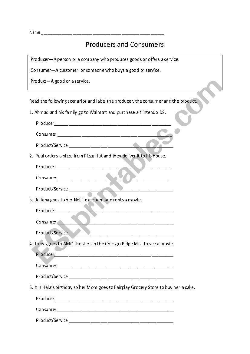 Producers and Consumers Worksheet Workers and Consumers Esl Worksheet by Kaalib Yahoo