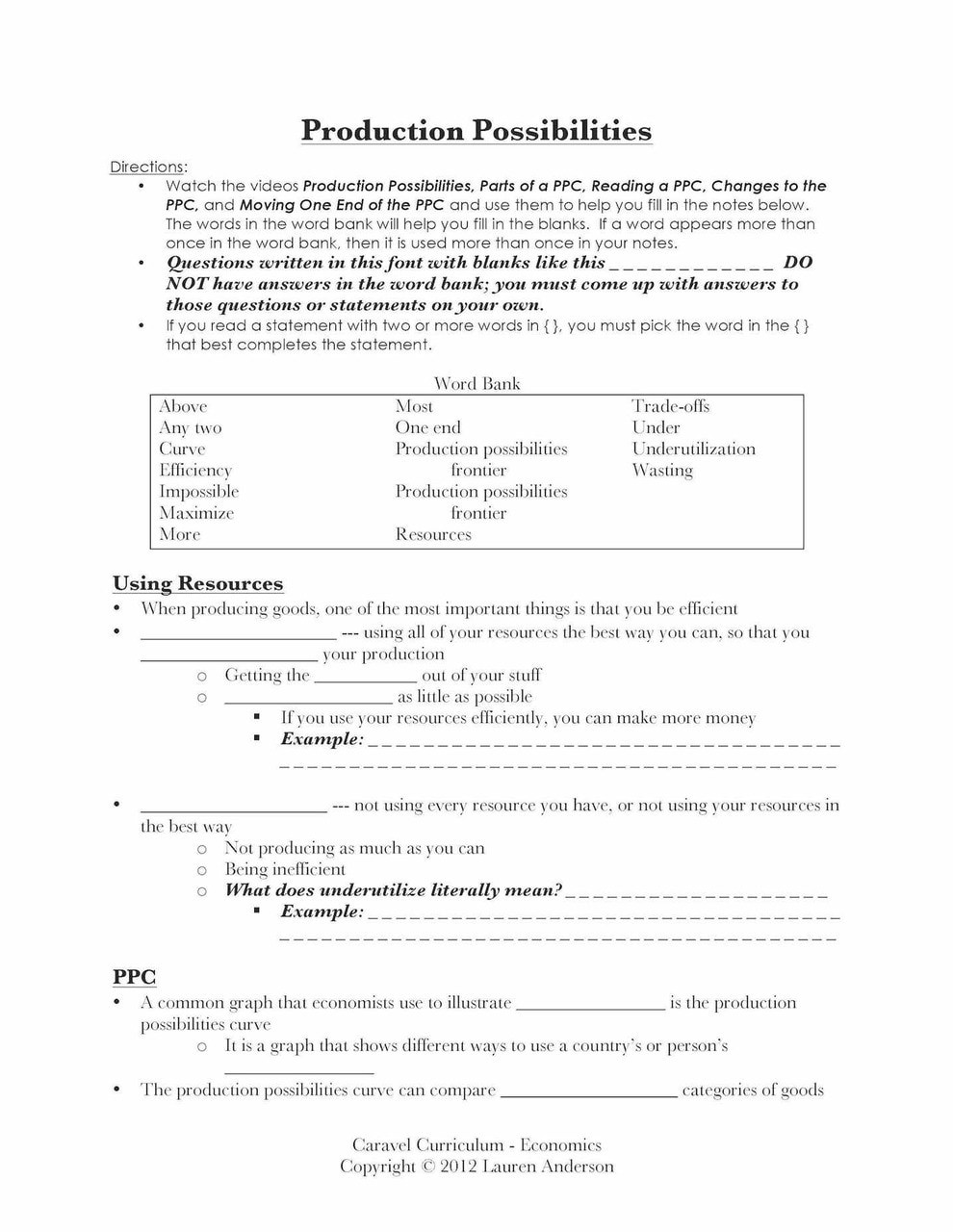 Production Possibilities Curve Worksheet Answers Production Possibilities Instructional Videos Guided Notes and Worksheet