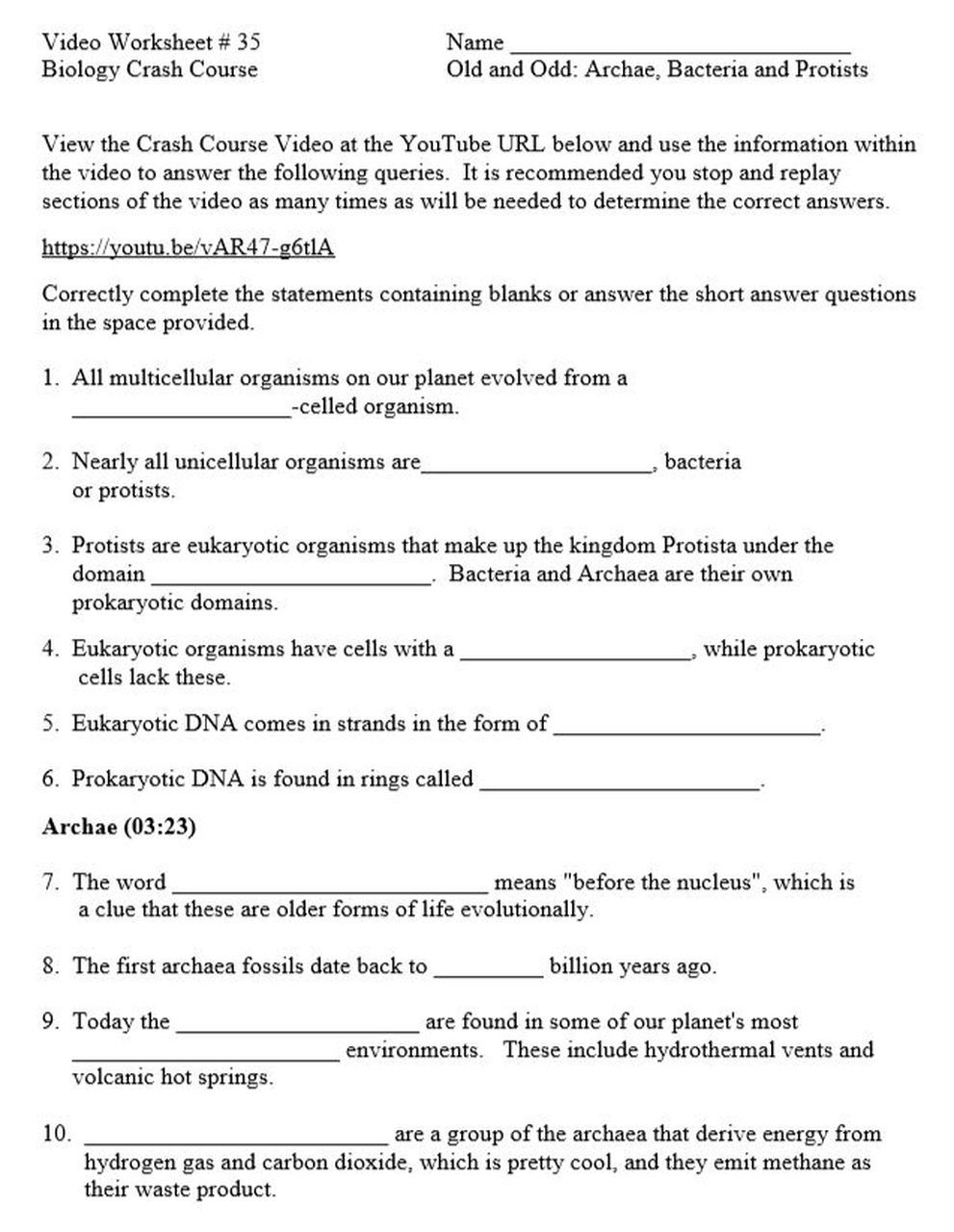 Prokaryotes Bacteria Worksheet Answers Crash Course Biology Video Worksheet 35 Old and Odd Archae Bacteria and Protists