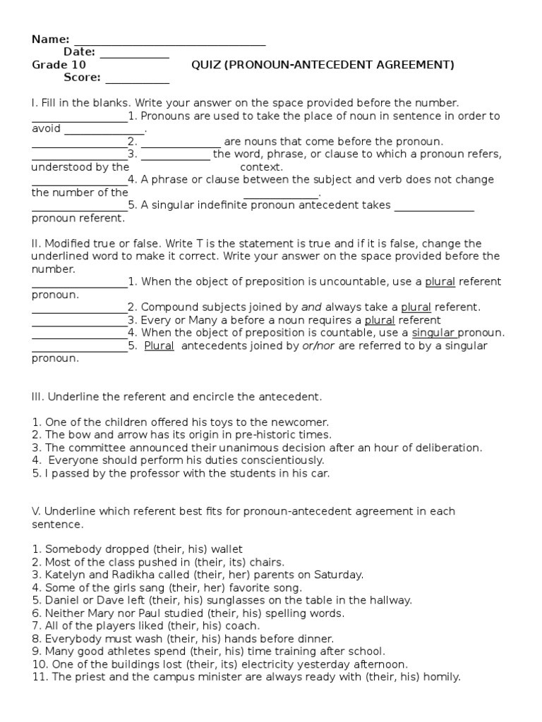Pronoun Antecedent Agreement Worksheet English Quiz Pronoun Antecedent Agreement
