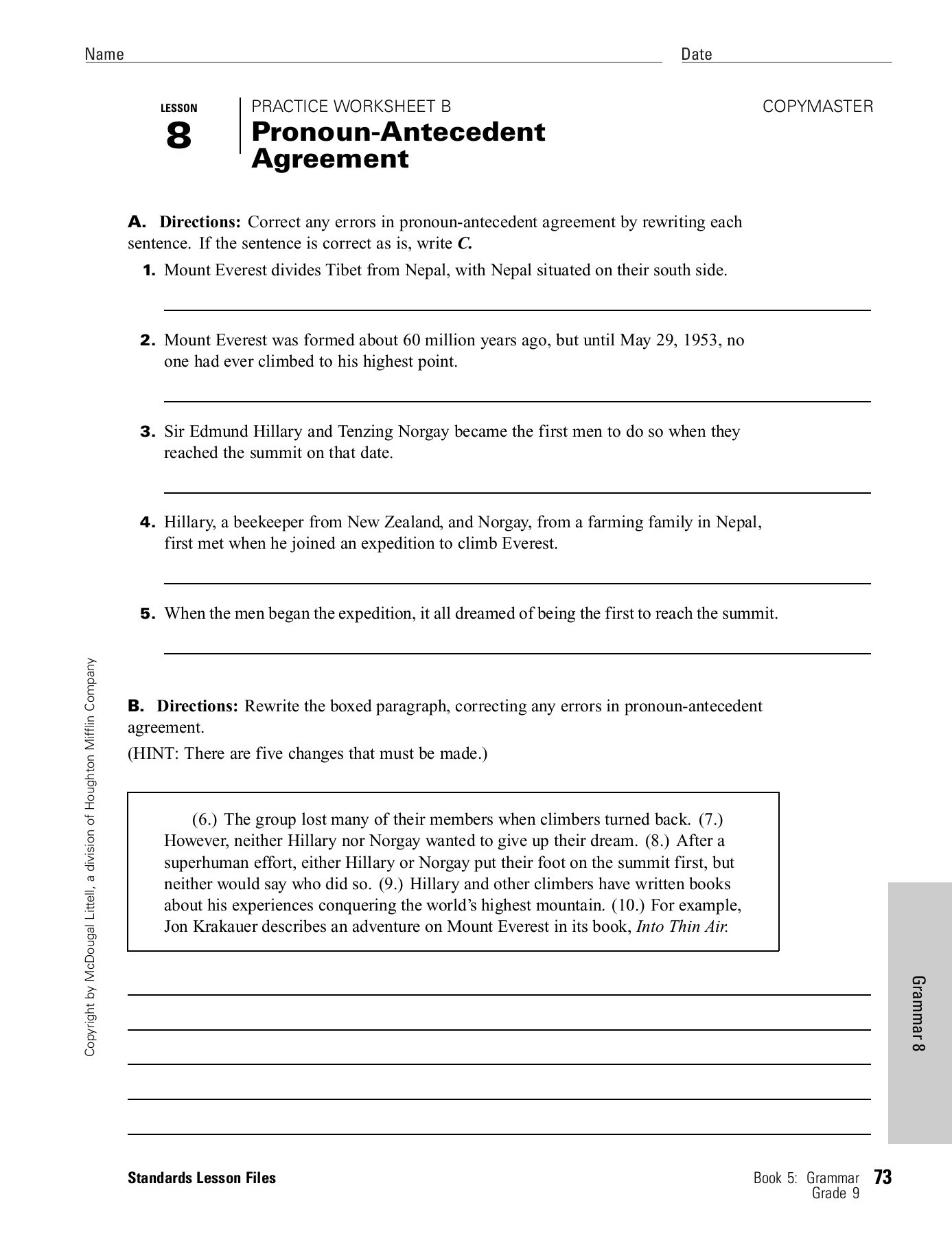 Pronoun Antecedent Agreement Worksheet Pronoun and Antecedent Agreement Worksheet