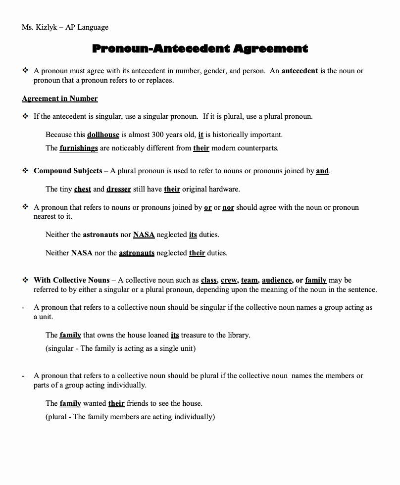 Pronoun Antecedent Agreement Worksheet Pronoun Antecedent Agreement Worksheet Lovely Pronoun